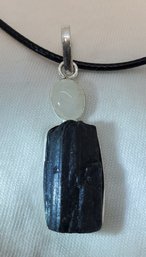 Silver Plated Black Tourmaline & Moonstone Pendant On An 18' Rope Necklace