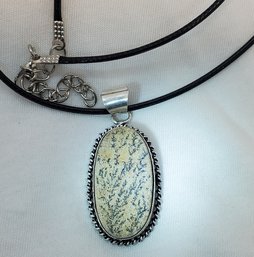 Silver Plated Psilomelane Dendrite Pendant On A Adjustable Rope Necklace