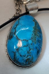 Huge Silver Plated Turquoise Pendant 1 5/8' X 1' On An Adjustable Rope Necklace