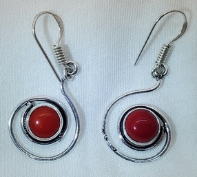 Silver Plated Pair Of Red Faux Coral Earrings