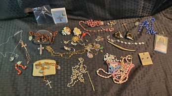 Huge Lot Of Costume, Religious Jewelry, Antique Rosary's & More