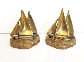 Vintage MCM Pair Of Solid Brass Sailboats With Double Sail Bookends