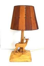 Unique One Of A Kind Wooden Hand Carved Deer Lamp Signed By Artist