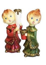 Cute Pair Of Vintage Paper Mache Christmas Caroler Candle Holder Figurines - Star Japan