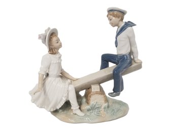 Vintage 1980's Lladro #1255 'See Saw Boy & Girl' Porcelain Figurine - Made In Spain