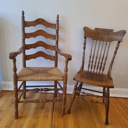 Pair Of Antique Colonial Chairs - Rush Ladder Back Armchair & Beautiful Windsor With Pressed Inlay