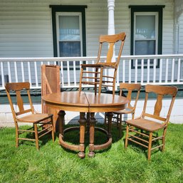 Oak Table W/ Leaves And Four T-back Chairs