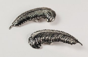 Vintage Silver Tone Clip Back Feather Earrings