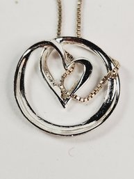 Vintage Sterling Silver Heart Circle Pendant And Necklace