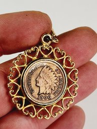 Native American  Gold Tone Bracelet With 1900 Indian Head Penny In Bezel