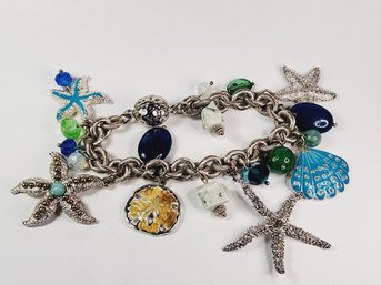 Huge Silver Tone Beach Day Charm Bracelet -  Star Fish, Shells, And More