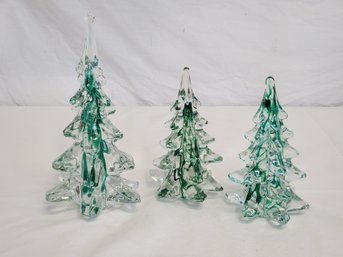 Three Clear & Green Blown Art Glass Christmas Tree Figurines