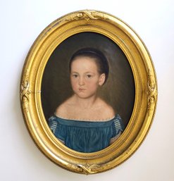 Antique Painting Of Girl In Blue With Gold Colored Frame