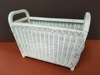 Vintage Wicker Woven Magazine Holder Painted White