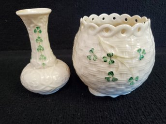 Two Vintage Belleek Ireland Irish Pottery Bud & Flower Vases
