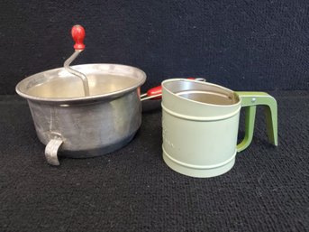 Small Vintage Kitchen Hand Held Appliances - Green Foley Flour Sifter & Foley Food Mill