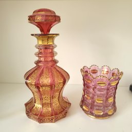 Vintage Bohemian Red And Gold Glass Decanter And Spooner Glass In A Beautiful Shade Of Lavendar/Pink-