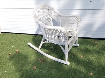 Antique Wicker Wood Painted White Small Rocking Chair