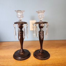 Wood Candlesticks With Hanging Crystals