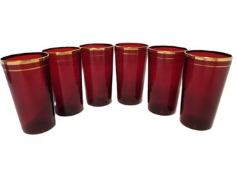 Mid-century Modern Ruby Red Juice Glasses With Gold Bands