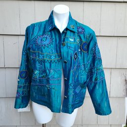 Chico's Turquoise Silk Embroidered Button Down Jacket (size Small)
