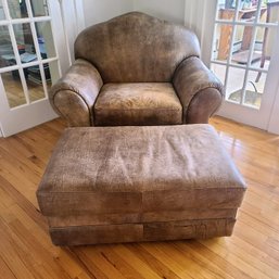 Well Loved, Comfy And Soft Burnished Leather Club Chair And Ottoman