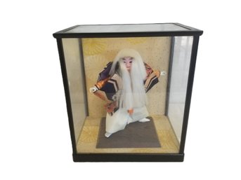 Rare Vintage Japanese Kabuki Doll In Traditional Dress In Wood & Glass Case