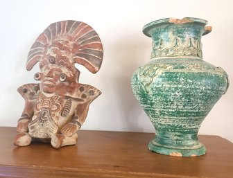 Vintage Mayan Or Aztec Tribal Clay Figural Pot And Urn Vase From Thailand