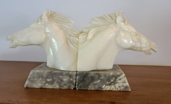 Marble Mounted Cast Alabaster Horse Head Bookends