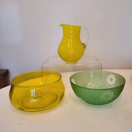 MCM Colored Glass Salad Bowls And Water Pitcher