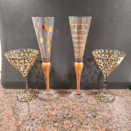 2 Very Fun & Chic Decorative Leopard Print Signed Martini Glassers/2 Orrefors Swedish Champagne Glasses