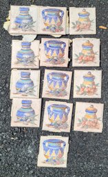 Set Of 13 Vintage Majolica Hand Painted Ceramic Tiles