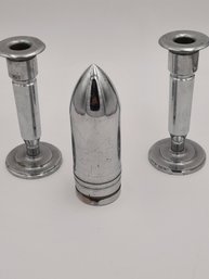 Set Of WW2 Trench Art Chrome Candlesticks And Large Artillery Projectile