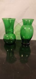 2 Vintage Green Glass Vases