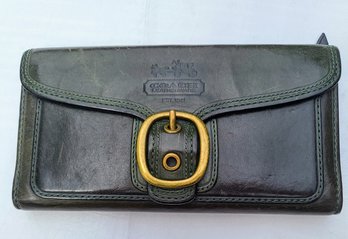 Forest Green Leather Coach Wallet With Yellow Interior And Buckle Front