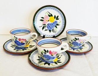 RARE Vintage Set Of 4 Stangle Hand Painted Fruit & Flowers Pattern Pottery Tea Cups & Dessert Plates