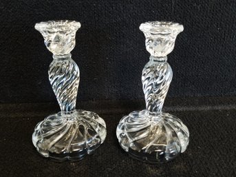 Pair Of Fostoria Glass Colony Swirled 7' Candlestick Holders