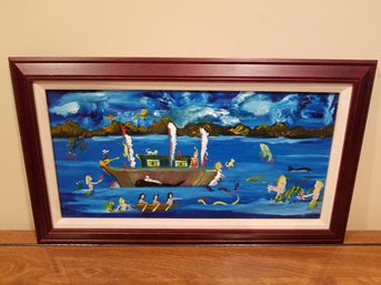 Framed Artwork - Oil Painting 'boat & Mermaids' - 24'x14'