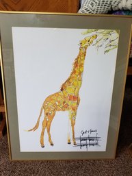 Framed Artwork - Giraffe Print - Signed By Tommy Tune - 27x21