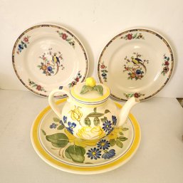 Vintage Red Wing Pottery And Matching Tea Pot With Matching Plate And Two Syracuse China Plates
