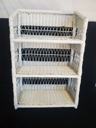 Vintage Three Tier White Painted Wicker Tabletop / Wall Shelf