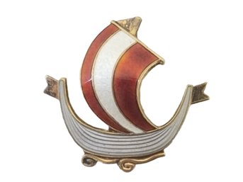 Vintage Aksel Holmsen Norway Gilt Sterling Silver With Red & White Enamel Viking Ship Pin