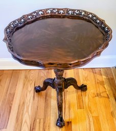 Vintage Maitland Smith Queen Anne Style Flame Mahogany Claw & Ball Foot/ Tri Leg Side Table With Carved E