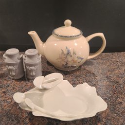 Beautiful Ceramic Tableware - Metal And Earth Lily Pad Dish (signed), Steer Relief Shakers, Floral Teapot