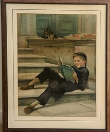 Vintage Colored Illustration Print - Early 1900s Boy Reading On Front Steps