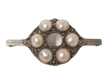 Vintage Art Deco Style Hand Made Sterling Silver With Faux Pearls Marcasite Pin Brooch