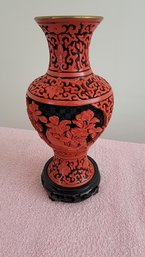 Carved Cinnabar Vase On Wood Stand