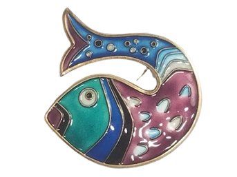 Vintage Iconic 1960's David Andersen Norway Handmade Gilt Sterling Silver & Enamel Modernist Fish Pin Brooch