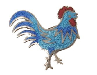 Vintage Sterling Silver Enamel Rooster Pin - Made In Mexico