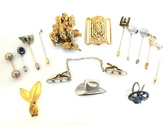 Mixed Lot Of Various Size & Style Sweater Guards, Stick Pins, Scarf Clips, Belt Buckle & Pewter Necklace